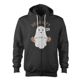 Dead Lift Embroidery Ghost Halloween Cute Boo Gym Weights Zip Up Hoodie - Monsterry DE
