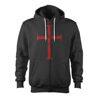Distressed Deus Vult Knights Templar Cross Crusader Zip Up Hoodie - Monsterry