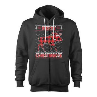 Merry Christmoose Christmas Moose Santa Ugly Sweater Zip Up Hoodie - Monsterry DE