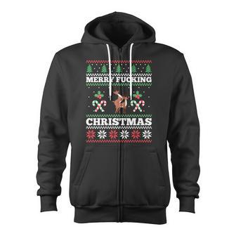 Merry Fucking Christmas Adult Humor Offensive Ugly Sweater Zip Up Hoodie - Monsterry UK