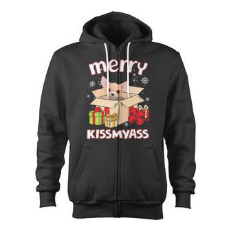 Merry Kissmyass Chihuahua In Box Xmas Lover Zip Up Hoodie - Monsterry UK