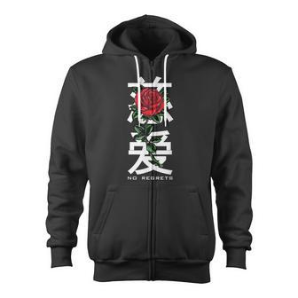 No Regrets Rose In Chinese Letters Zip Up Hoodie - Monsterry