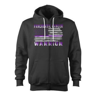 Pancreatic Cancer Warrior Usa Flag United States Flag Purple Ribbon Pancreatic Cancer Pancreatic Cancer Awareness Zip Up Hoodie - Monsterry DE