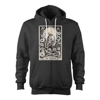 The Reader Tarot Card Book Lover Skeleton Reading Book Zip Up Hoodie - Monsterry AU