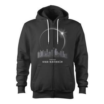 San Antonio Tx Skyline Silhouette Total Solar Eclipse 2024 Zip Up Hoodie - Monsterry CA