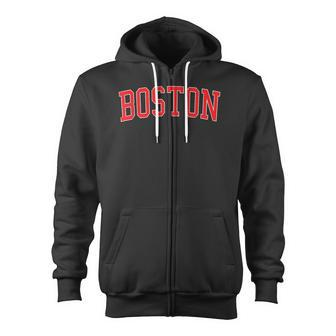 Vintage Boston Ma Varsity Style Red Text Zip Up Hoodie - Monsterry