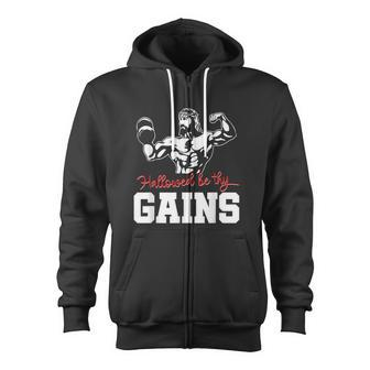 Weight Lifting Bodybuilding Hallowed Be Thy Gains Jesus Zip Up Hoodie - Monsterry