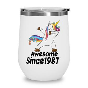 35Th Birthday Unicorn Dabbing Awesome Since 1987 35 Years Old Wine Tumbler - Seseable
