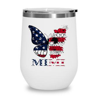 Grandma Mimi Butterfly With Flowers 4Th Of July American Flag Wine Tumbler - Seseable