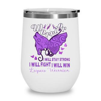 Lupus Awareness Warrior Purple Ribbon Butterfly Wolf Womens Wine Tumbler - Seseable