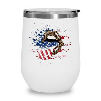 Usa American Flag Patriotic Lips Leopard Print 4Th Of July Wine Tumbler - Seseable