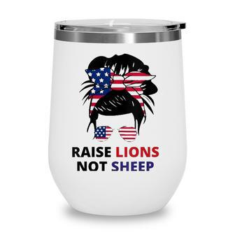 Womens Raise Lions Not Sheep American Flag Sunglasses Messy Bun V-Neck Wine Tumbler - Seseable