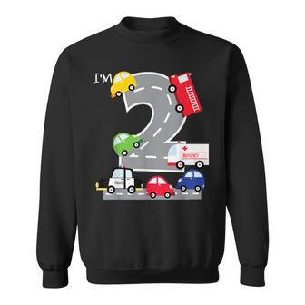 2Nd Birthday 2 Year Old Transportation Cars Fire Truck Sweatshirt - Monsterry