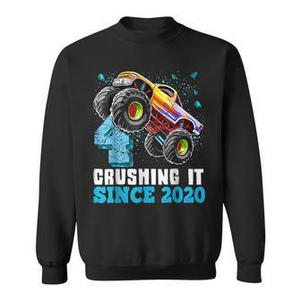 4 Crushing It Since 2020 Monster Truck 4Th Birthday Boy Sweatshirt - Monsterry CA