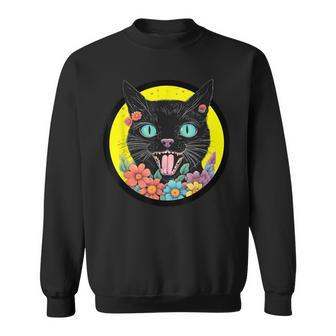 Aesthetic Vintage Black Cat Colorful Blooming Flowers Gothic Sweatshirt - Monsterry AU