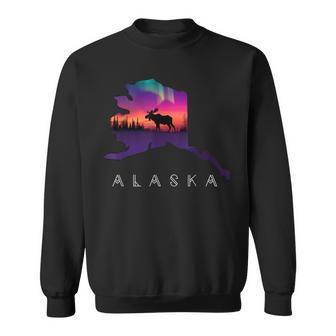 Alaska Moose Aurora Borealis Alaska State & Landscape Sweatshirt - Monsterry AU