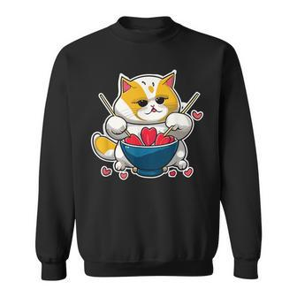 Anime Cat Eating Ramen Noodles With Hearts Valentines Day Sweatshirt | Seseable CA