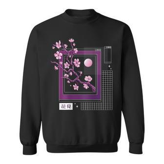 Back Print Techno Vaporwave Japanese Sakura Cherry Blossom Sweatshirt - Seseable