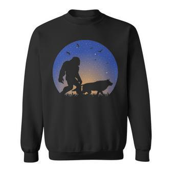 Bigfoot With Wolf Companion Silhouette Nightime Stars Sweatshirt | Mazezy