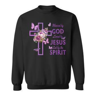 Blessed By God Loved By Jesus Purple Cross Sweatshirt - Monsterry