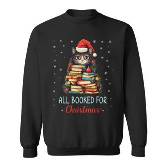 All Booked For Christmas Black Cat Santa Christmas Book Tree Sweatshirt - Seseable