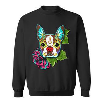 Boston Terrier In Red Day Of The Dead Sugar Skull Dog Sweatshirt - Monsterry DE