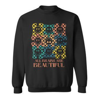 All Brains Are Beautiful Smile Face Autism Awareness Groovy Sweatshirt | Mazezy