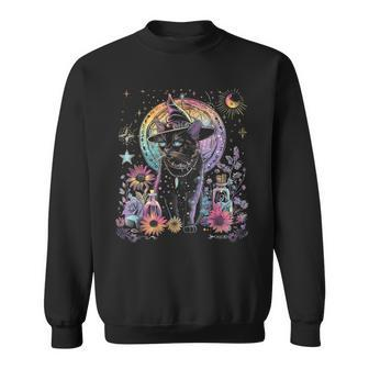 Graphic Cat Witchy And Flowers Cats With Crescent The Moon Sweatshirt - Monsterry