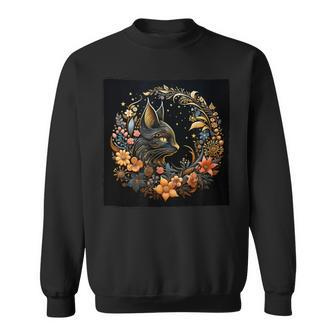 Celestial Cat Astrology Crescent Moon Flowers Graphic Sweatshirt - Monsterry