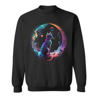 Cosmic Cat Cool Colorful Crescent Moon And Clouds Kitten Sweatshirt - Monsterry