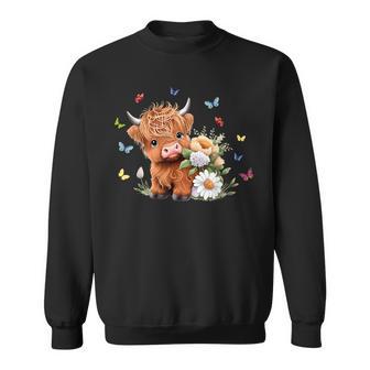 Cute Baby Highland Cow With Flowers Calf Animal Spring Sweatshirt - Monsterry