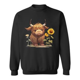Cute Baby Highland Cow With Sunflowers Calf Animal Farm Sweatshirt - Seseable