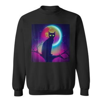 Cute Black Cat Spooky Yellow Purple Full Moon Logo Sweatshirt - Monsterry