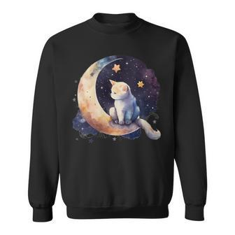 Cute Cat Crescent Moon Phases Purple Star Night Kawaii Cat Sweatshirt - Monsterry CA