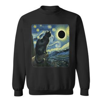 Cute Cat Starry Night Van Gogh Solar Eclipse April 08 2024 Sweatshirt - Seseable