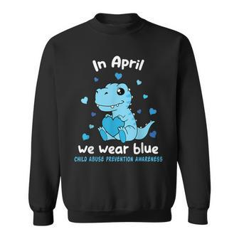 Dino In April We Wear Blue Child Abuse Prevention Awareness Sweatshirt | Mazezy