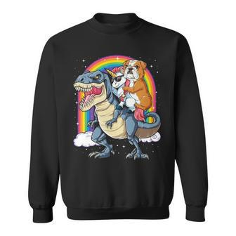English Bulldog Unicorn Riding Dinosaur T Rex Sweatshirt | Mazezy