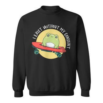 I Exist Without My Consent Cottagecore Skateboarding Frog Sweatshirt - Monsterry