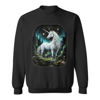 Fantasy White Unicorn Standing In Forest Stars Sweatshirt - Seseable