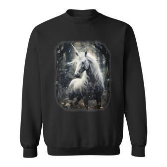 Fantasy White Unicorn Standing In A Forest Sweatshirt - Monsterry
