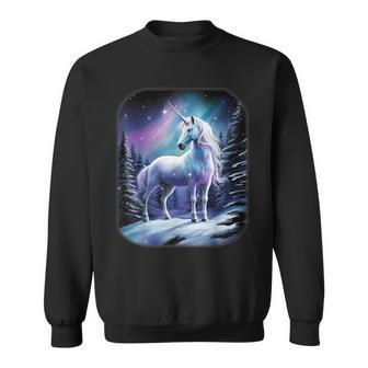 Fantasy White Unicorn Standing In The Snowy Forest Sweatshirt - Monsterry UK