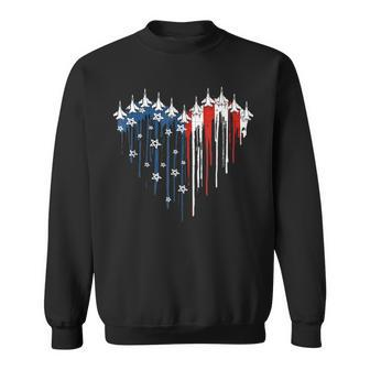 Fighter Jet Airplane American Flag Heart 4Th Of July Retro Sweatshirt - Seseable