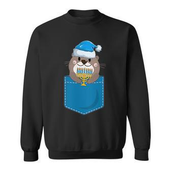 Jewish Otter Santa Menorah In Pocket Hanukkah Pajamas Sweatshirt - Seseable