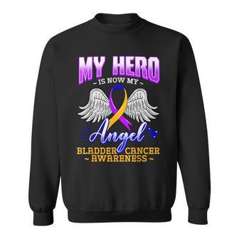 My Hero Is Now My Angel Bladder Cancer Purple Blue Yellow Sweatshirt - Monsterry AU