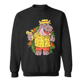 Hippo In Hawaiian Outfit And Shades Vacation Sweatshirt - Monsterry