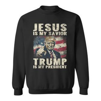 Jesus Is My Savior Trump Is My President 2024 American Flag Sweatshirt - Monsterry DE