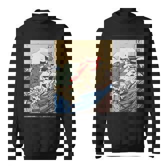 Kaiju Monster Vs Cat Laser Eye Fight Great Wave Japanese Sweatshirt - Thegiftio