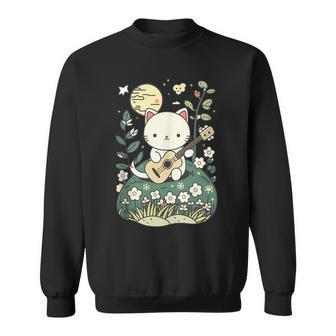 Kawaii Cat Playing Guitar Cute Flowers And Moon Cat Lover Sweatshirt - Monsterry UK