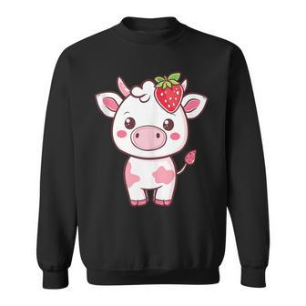 Kawaii Cute Pink Cow With Strawberries Sweatshirt | Mazezy