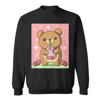 Kawaii Teddy Bear Drinking Strawberry Milk Japanese Sweatshirt - Monsterry